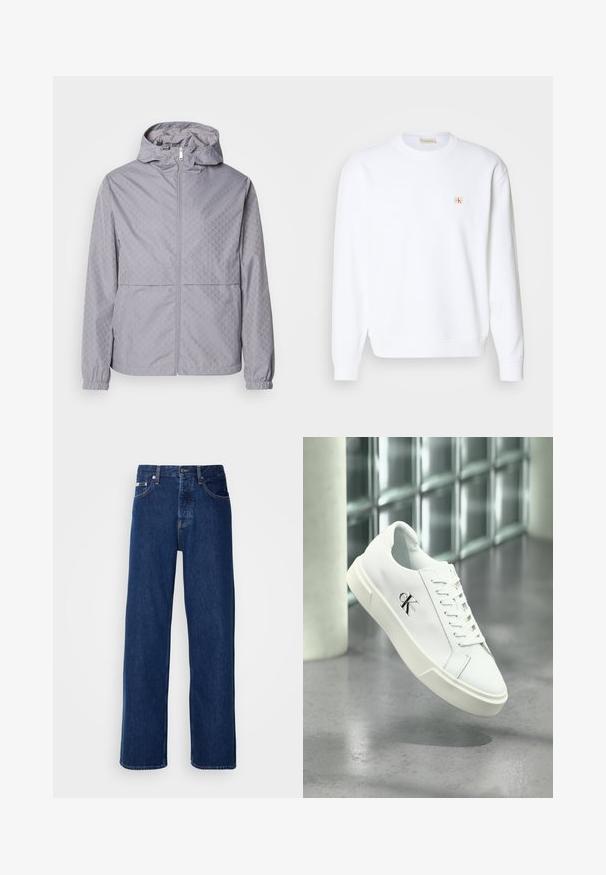 Chaqueta con capucha de color gris claro, con un patrón geométrico, cierre de cremallera, puños elásticos y dos bolsillos frontales; fabricada en un material suave y resistente al agua.; Sudadera blanca de manga larga, con cuello redondo y puños acanalados. Presenta un pequeño logo en rojo y beige en la parte izquierda del pecho. Textura suave.; Vaqueros de mezclilla azul oscuro con un diseño de pierna ancha, que presentan un cierre de botón y el clásico estilo de cinco bolsillos. La tela tiene una textura suave.; Zapatilla blanca Calvin Klein con cordones, mostrada flotando sobre un suelo de cemento pulido y un fondo de pared de bloques de vidrio.