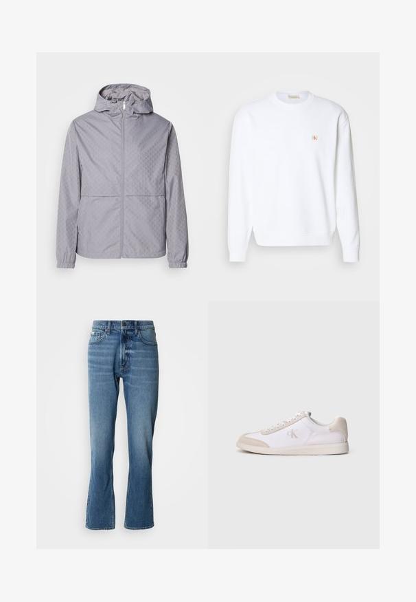 Lys grå hættejakke med et geometrisk mønster, lynlås lukning, elastiske manchetter og to forlommer; lavet af et glat, vandafvisende materiale.; Hvid sweatshirt med lange ærmer, rund hals og ribbede manchetter. Har et lille logo i rød og beige på venstre brystområde. Glat tekstur.; Lyseblå denim jeans med lige pasform og let flare. Har fem lommer, knaplukning og subtile slidte detaljer.; Hvid og beige lavsko med snørelukning foran, ruskindsdetaljer og "cK" logo på siden, vist i profil mod en ensfarvet baggrund.
