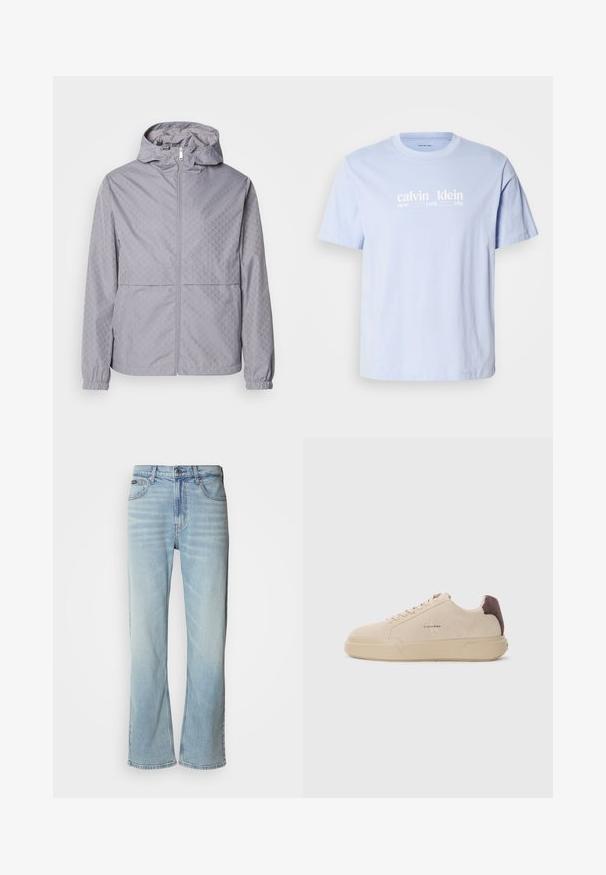 Helle graue Kapuzenjacke mit geometrischem Muster, Reißverschluss, elastischen Bündchen und zwei Fronttaschen; aus einem glatten, wasserabweisenden Material gefertigt.; Hellblaues Baumwoll-T-Shirt mit Rundhalsausschnitt, das weißen Textdruck "calvin klein new york city" über der Brust trägt. Kurze Ärmel.; Hellblaue Jeans aus Denim mit geradem Bein, ausgestattet mit fünf Taschen, einem Knopfverschluss und subtilen Verwaschungen im Stoff.; Beige Wildleder-Sneaker mit runder Spitze, Schnürung vorne und einem braunen Wildlederakzent an der Ferse. Verfügt über eine strukturierte Gummisohle.