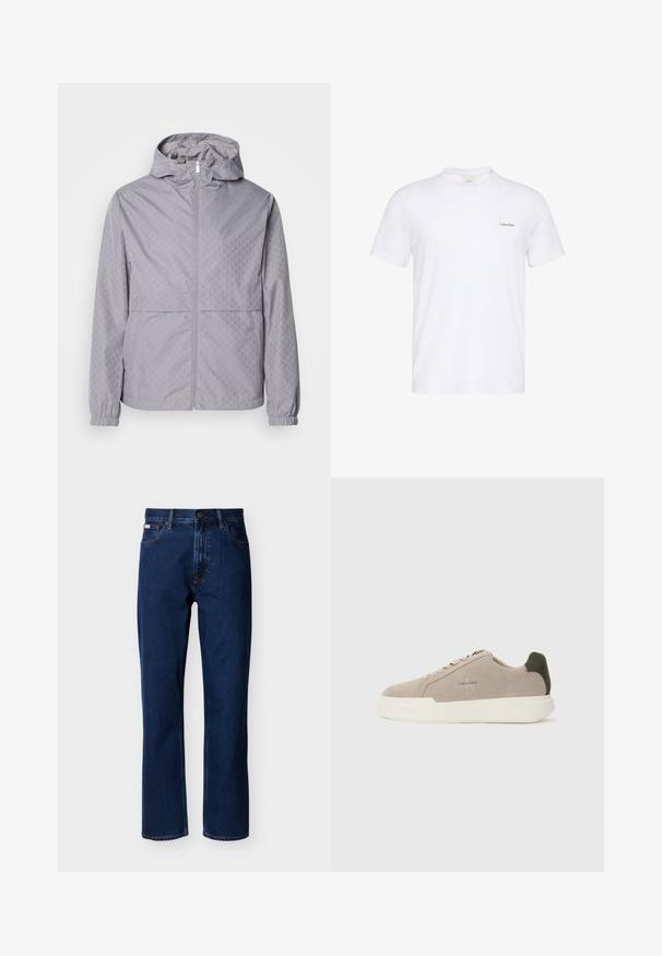 Chaqueta con capucha de color gris claro, con un patrón geométrico, cierre de cremallera, puños elásticos y dos bolsillos frontales; fabricada en un material suave y resistente al agua.; Camiseta blanca de manga corta con cuello redondo y pequeño logo negro de Calvin Klein en el lado izquierdo del pecho.; Vaqueros azul oscuro de corte recto hechos de mezclilla, con un diseño clásico de cinco bolsillos, costuras sutiles y cierre frontal con botón.; Zapatillas de piel de ante beige con suela de goma blanca, que presentan un acento en el talón de color verde oscuro y un sutil logo en el lateral.