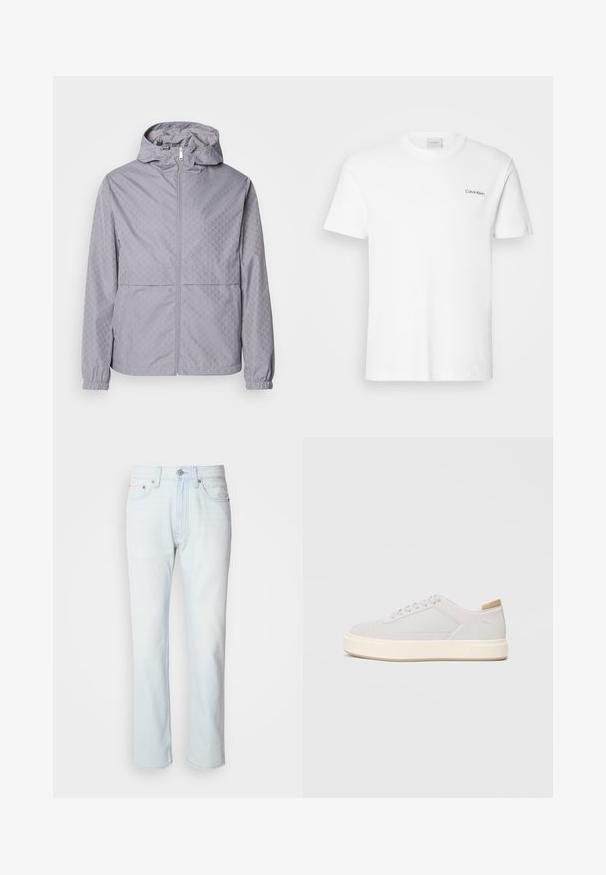 Lys grå hættejakke med et geometrisk mønster, lynlås lukning, elastiske manchetter og to forlommer; lavet af et glat, vandafvisende materiale.; Hvid bomulds T-shirt med korte ærmer og rund halsudskæring. Har et lille sort "Calvin Klein" logo på venstre bryst.; Lyseblå denimjeans med lige ben. Har en knaplukning og bæltestropper, viser en falmet tekstur og minimal syning.; Lys grå sneakers med en glat syntetisk overdel, rund tå og en struktureret crème mellemsål. Lysebrune accenter på hælen.
