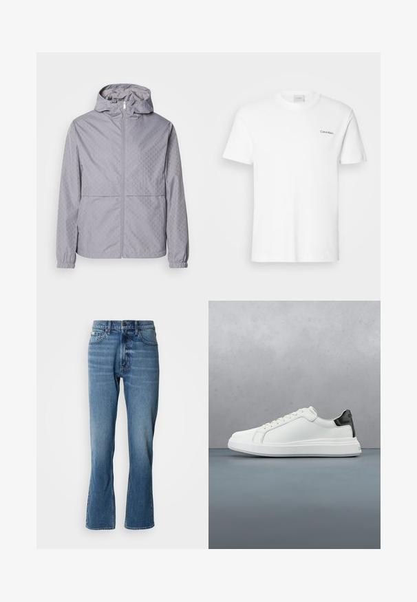 Helle graue Kapuzenjacke mit geometrischem Muster, Reißverschluss, elastischen Bündchen und zwei Fronttaschen; aus einem glatten, wasserabweisenden Material gefertigt.; Weißes Baumwoll-T-Shirt mit kurzen Ärmeln und Rundhalsausschnitt. Mit einem kleinen schwarzen "Calvin Klein"-Logo auf der linken Brust.; Hellblaue Denim-Jeans mit geradem Schnitt und leicht ausgestelltem Bein. Verfügt über fünf Taschen, einen Knopfverschluss und dezente Waschungseffekte.; Weiße Sneaker mit einem glatten Obermaterial aus Leder und einem kontrastierenden schwarzen Fersenakzent. Ausgestattet mit flachen Schnürsenkeln und einer strukturierten Gummisohle.