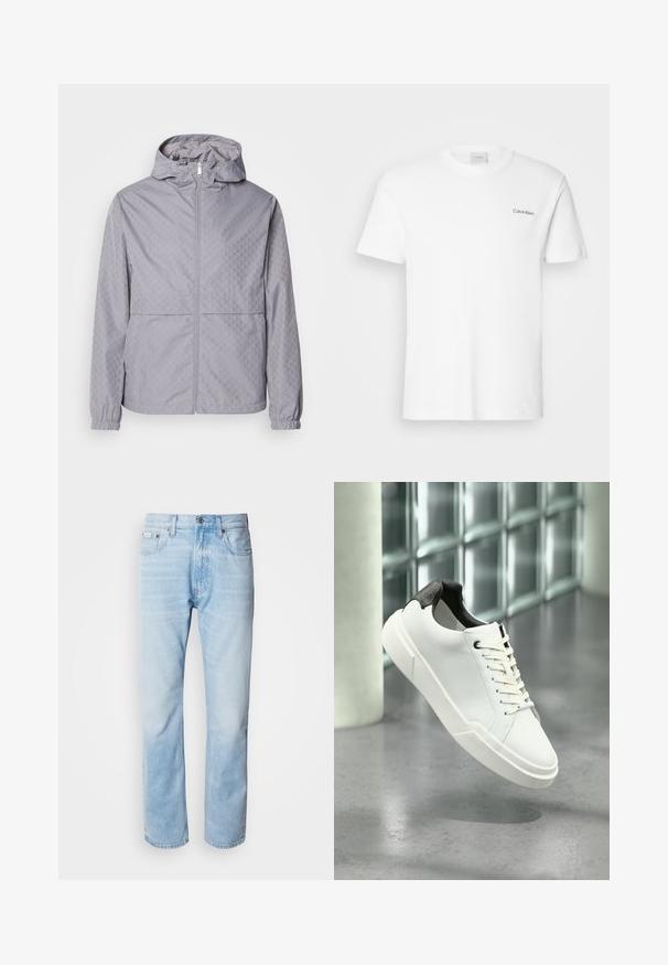 Chaqueta con capucha de color gris claro, con un patrón geométrico, cierre de cremallera, puños elásticos y dos bolsillos frontales; fabricada en un material suave y resistente al agua.; Camiseta de algodón blanca con mangas cortas y un escote en forma de cuello redondo. Presenta un pequeño logotipo negro de "Calvin Klein" en el lado izquierdo del pecho.; Vaqueros de mezclilla azul claro con corte recto, con secciones desgastadas, diseño de cinco bolsillos y cierre de botones clásico.; Zapatilla blanca de perfil bajo con lengüeta del talón texturizada en negro, cordones blancos y suela gruesa sobre un suelo de cemento pulido cerca de bloques de vidrio.