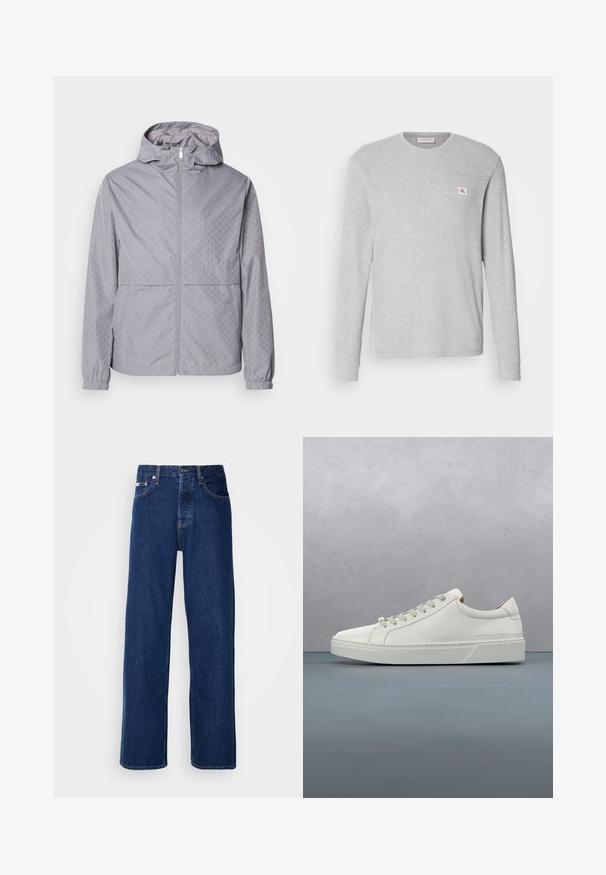 Lys grå hættejakke med et geometrisk mønster, lynlås lukning, elastiske manchetter og to forlommer; lavet af et glat, vandafvisende materiale.; Lysegrå langærmet t-shirt lavet af en bomuldsblanding, med en rund halsudskæring og et lille logo-patch på venstre bryst.; Mørkeblå denimjeans med et bredt ben-design, der har en knaplukning og klassisk fem-lomme styling. Stoffet har en glat tekstur.; Hvid lædersneaker med rund tå, minimalistisk design, grå snørebånd og en tekstureret grå gummisål. Subtile syningsdetaljer er synlige.