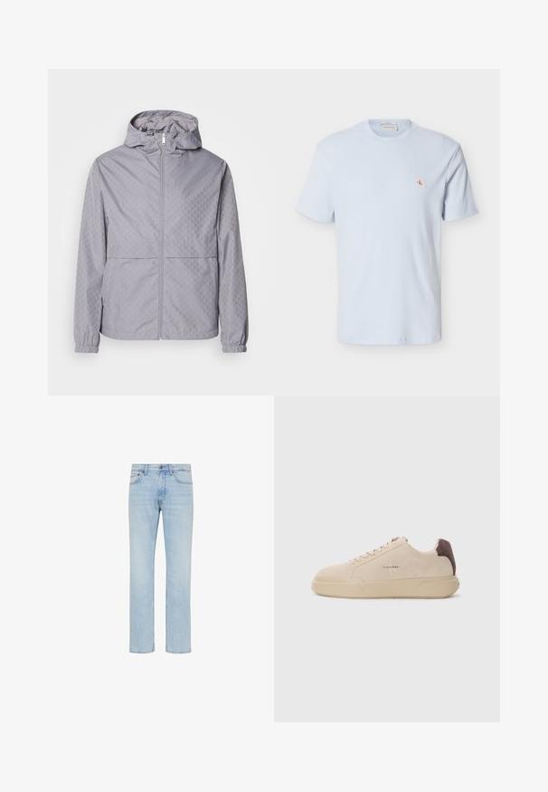 Lys grå hættejakke med et geometrisk mønster, lynlås lukning, elastiske manchetter og to forlommer; lavet af et glat, vandafvisende materiale.; Lyseblå kortærmet waffle-strikket t-shirt med rund hals og lille rød "CK" logo på venstre bryst.; Lyseblå straight-leg jeans i denim med forreste knap, lynlås og design med fem lommer vist på hvid baggrund.; Beige ruskind sneakers med rund tå, snørret foran og en brun ruskindsdetalje på hælen. Har en tekstureret gummisål.