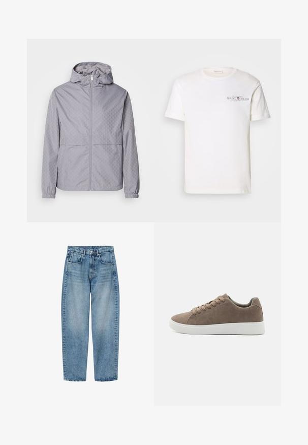 Helle graue Kapuzenjacke mit geometrischem Muster, Reißverschluss, elastischen Bündchen und zwei Fronttaschen; aus einem glatten, wasserabweisenden Material gefertigt.; Weißes Baumwoll-T-Shirt mit Rundhalsausschnitt, kurzen Ärmeln und einem bedruckten Logo. Verfügt über ein minimalistisches Design und eine lockere Passform.; Hellblaue Jeans mit geradem Bein, Vordertaschen, Gürtelschlaufen und Knopfverschluss, flach auf weißem Hintergrund dargestellt.; Braune Wildledersneaker mit flachen weißen Gummisohlen, Schnürdesign, abgerundete Zehen und einer glatten Textur. Minimalistischer Stil mit dezenten Nähdetails.