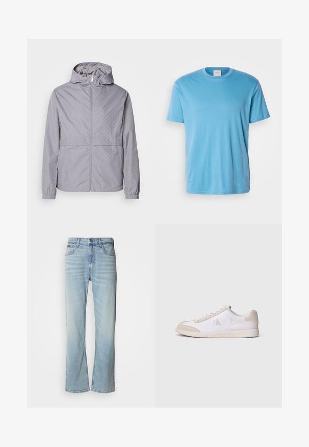 Lys grå hættejakke med et geometrisk mønster, lynlås lukning, elastiske manchetter og to forlommer; lavet af et glat, vandafvisende materiale.; Lys blå kortærmet bomulds t-shirt med rund hals og et lille, broderet logo på brystet. Glat tekstur, almindelig pasform.; Lyseblå denimjeans med lige ben, der har fem lommer, knaplukning og en subtil falmning på stoffet.; Hvid og beige lavsko med snørelukning foran, ruskindsdetaljer og "cK" logo på siden, vist i profil mod en ensfarvet baggrund.