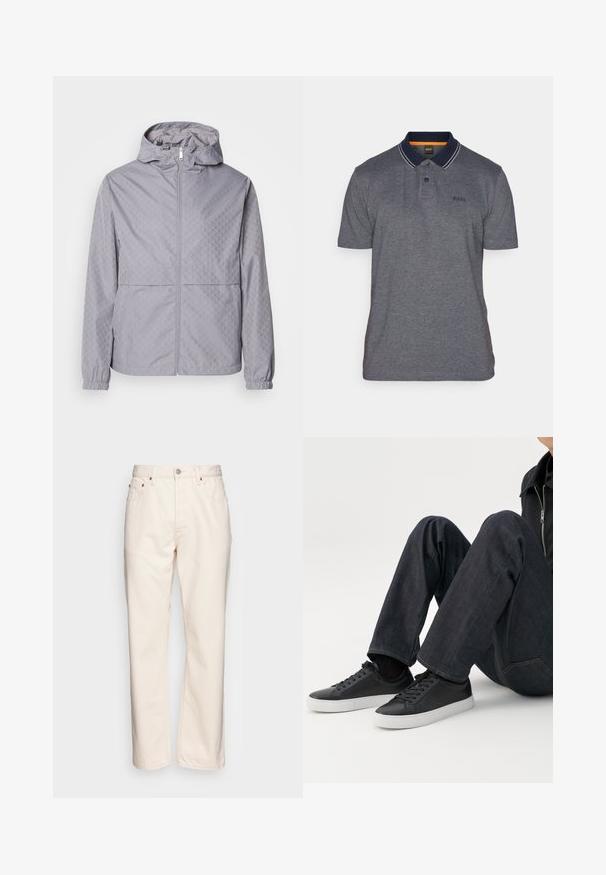 Helle graue Kapuzenjacke mit geometrischem Muster, Reißverschluss, elastischen Bündchen und zwei Fronttaschen; aus einem glatten, wasserabweisenden Material gefertigt.; Dunkelgraues Poloshirt mit navyfarbigem Kragen und weißen Akzenten, ausgestattet mit einer Knopfleiste mit drei Knöpfen und gesticktem Logo auf der linken Brust.; Cremefarbene Denim-Jeans mit geradem Bein. Verfügt über fünf Taschen, einen vorderen Knopfverschluss und kontrastierende Nähte.; Person sitzt mit angewinkelten Beinen, trägt dunkelblaue Jeans und schwarze Low-Top-Sneaker mit weißen Sohlen auf weißem Hintergrund.