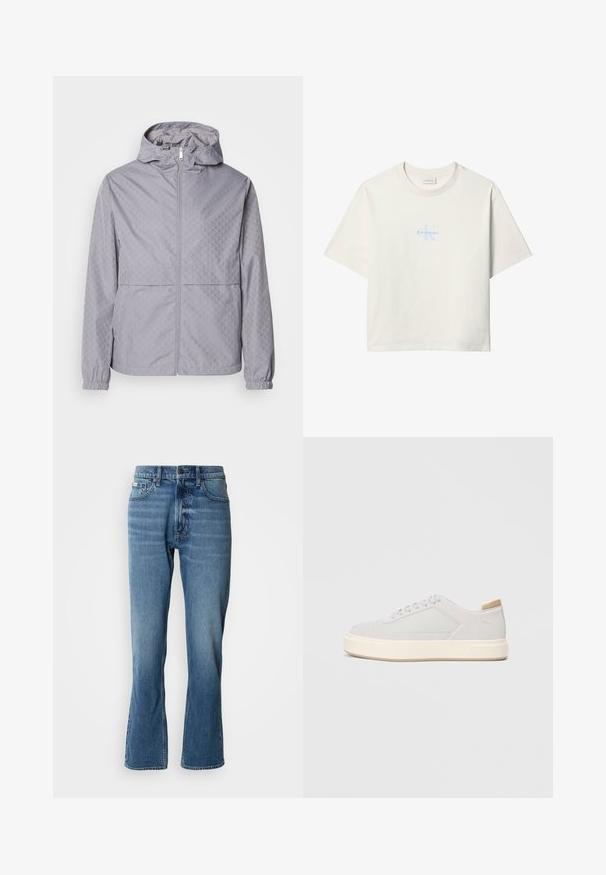 Lys grå hættejakke med et geometrisk mønster, lynlås lukning, elastiske manchetter og to forlommer; lavet af et glat, vandafvisende materiale.; Hvid T-shirt med korte ærmer og lyseblåt Calvin Klein-logo centreret på brystet samt rund halsudskæring.; Lyseblå denim jeans med lige pasform og let flare. Har fem lommer, knaplukning og subtile slidte detaljer.; Lys grå sneakers med en glat syntetisk overdel, rund tå og en struktureret crème mellemsål. Lysebrune accenter på hælen.