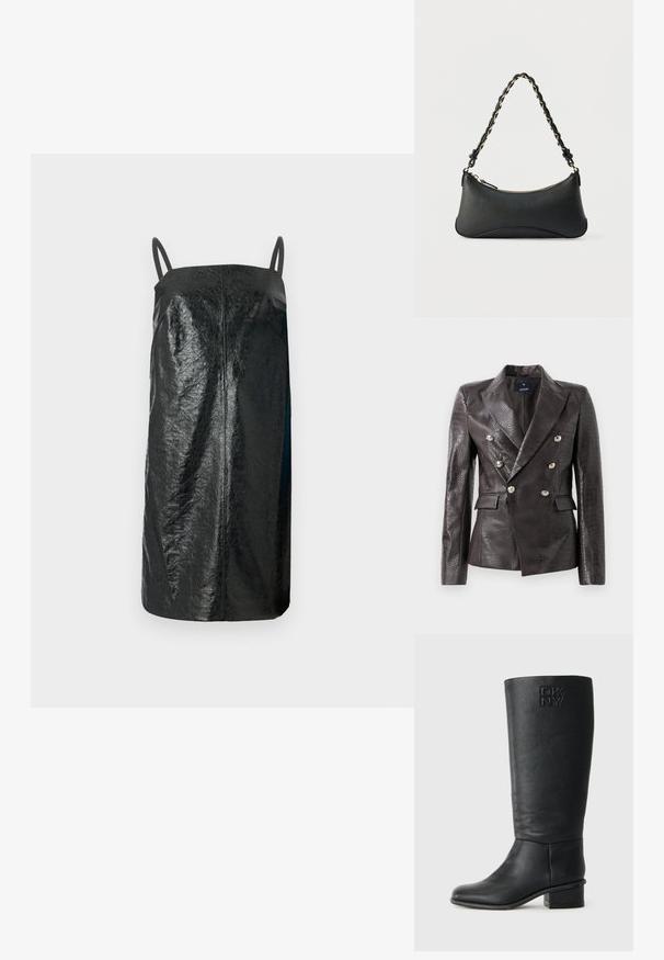 Mørkebrunt læderblazer med krokodillemønster, dobbeltradet design, sølvknapper og dobbelte forlommer.; Sorte ærmeløs kjole lavet af struktureret materiale, med et simpelt, lige design, tynde stropper og en mid-length skæring.; Sort læderstøvle til knæet med tekstureret overflade, rund tå og lav blokhæl. Har præget DKNY-logo på yderskafteret.; Sort skuldertaske i læder med en buet rektangulær form, gyldent kæde vævet ind i en flettet sort rem og toplynlås.