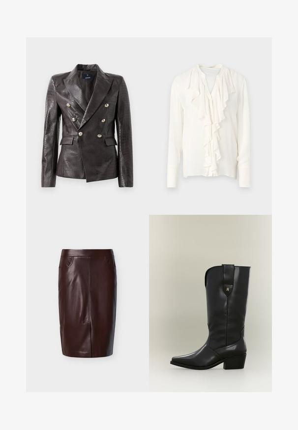 Mørkebrunt læderblazer med krokodillemønster, dobbeltradet design, sølvknapper og dobbelte forlommer.; Hvid bluse med lange ærmer og en flæset frontplacket, med rund hals og knaplukning. Blødt, letvægtsstof.; Brun læderblyantskørt med glat tekstur, med to sidelommer og syninger foran, designet til en tætsiddende pasform.; Høj sort læder cowboystøvle med spids tå, kraftig hæl og trækstrop med lille gyldent logo.