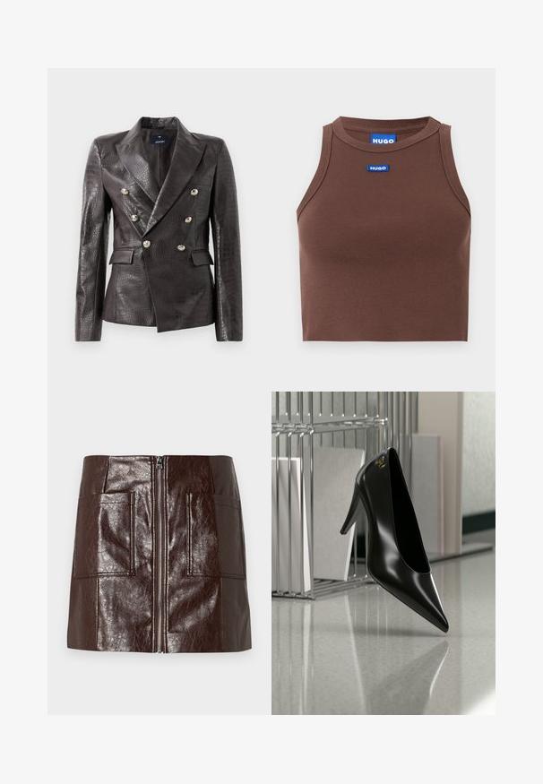 Donkerbruin leren blazer met krokodillenhuidstructuur, dubbelzijdig ontwerp, zilveren knopen en dubbele voorkruimelzakken.; Bruin geribd crop top met een ronde halslijn en verstevigde naden, met een blauw rechthoekig HUGO-logo label aan de voorkant.; Korte rok van bruin faux leer met een rits aan de voorkant, twee grote voorzakken en een gladde, glanzende textuur.; Zwart hooggehakt schoen met puntige neus en gouden logo, geplaatst op een reflecterend oppervlak naast een verchroomde draadordner met documenten.