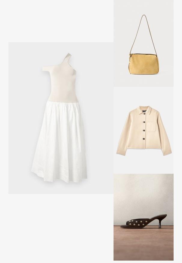 Beige uldblandet jakke med krave, seks sorte knapper og en brystlomme. Har lange ærmer og en cropped design.; Asymmetrisk one-shoulder kjole i beige strikket stof med en flydende hvid bomuldsnederdel. Har elastisk talje og samlet tekstur.; Mørkebrun mule med høj hæl og guldnitter på remmen, vist svævende over en grå gulv foran slørede grønne paneler.; Lille skuldertaske i sennepsgul ruskind med tynd strop og lynlåslukning foroven mod en ensartet lys baggrund.