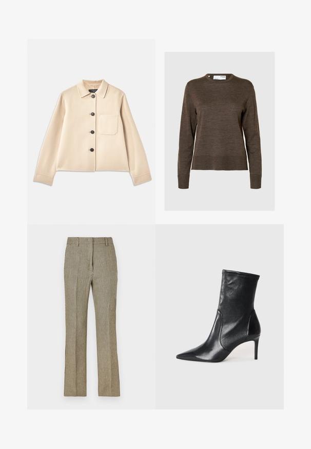 Beige uldblandet jakke med krave, seks sorte knapper og en brystlomme. Har lange ærmer og en cropped design.; Brun langærmet sweater med rund hals, lavet af et blødt, struktureret stof. Enkel design med ribbede manchetter og kant.; Beige og sort ternede skræddersyede bukser med lige ben, der har bælteløkker og sidelommer, fremstillet af et glat stof.; Sorte ankelstøvler lavet af glat læder, med spids tå, tætsiddende skaft og en slank høj hæl. Minimalistisk design uden synligt hardware.