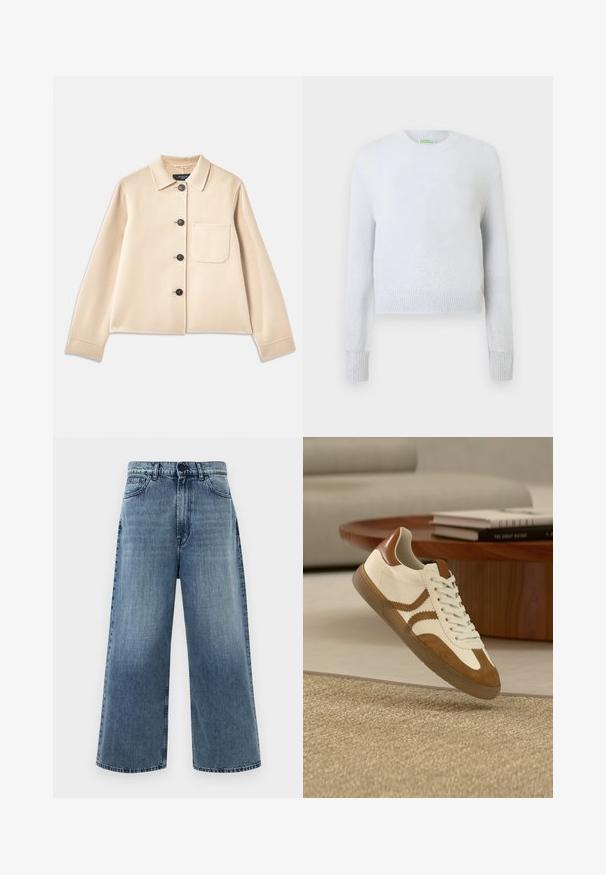 Beige uldblandet jakke med krave, seks sorte knapper og en brystlomme. Har lange ærmer og en cropped design.; Hvid cropped sweater med lange ærmer, rund halsudskæring og ribbede manchetter. Har en subtil shimmertekstur og spredte sølvdetaljer.; Lyseblå vide jeans lavet af denim, med høj talje, forlommer og klassisk syning. Ingen synlige dekorationer.; Hvide og beige sneakers med læder- og ruskindsmaterialer, rund tå, snøresystem og tekstureret gummisål med dekorative sidestriber.