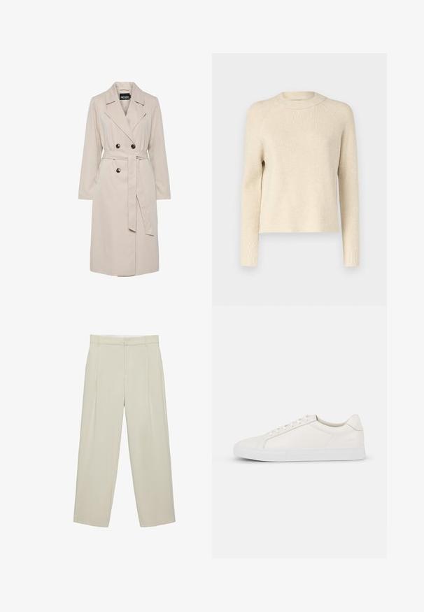 Lichtbeige dubbelgeknoopte trenchcoat met brede revers, zwarte knopen, een bijpassende stoffen ceintuur en lange mouwen.; Geribbelde gebreide trui in roomkleur met een ronde hals, lange mouwen en een rechte pasvorm. Zachte textuur met subtiele tonale variaties door het geheel.; Beige hoog getailleerde, op maat gemaakte broek met zijzakken, riemlussen en een voorritssluiting, met rechte pijpen.; Witte leren sneaker met een gladde textuur, ronde neus, vetersluiting aan de voorkant en een platte rubberen zool. Eenvoudig ontwerp zonder patronen of accenten.