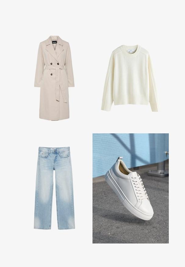 Lysebeige dobbeltbrystet trenchcoat med brede revers, sorte knapper, bælte i samme stof og lange ærmer.; Next CREW NECK - Striktrøje - ecru; Lyseblå jeans med vide ben, fem lommer, bæltestropper, knaplukning og diskret farvefade på forreste lår og knæ.; Hvide lædersneakers med flade snørebånd, rund tå, gummisål og en lille løkke ved hælen. Glat tekstur med minimale designdetaljer.