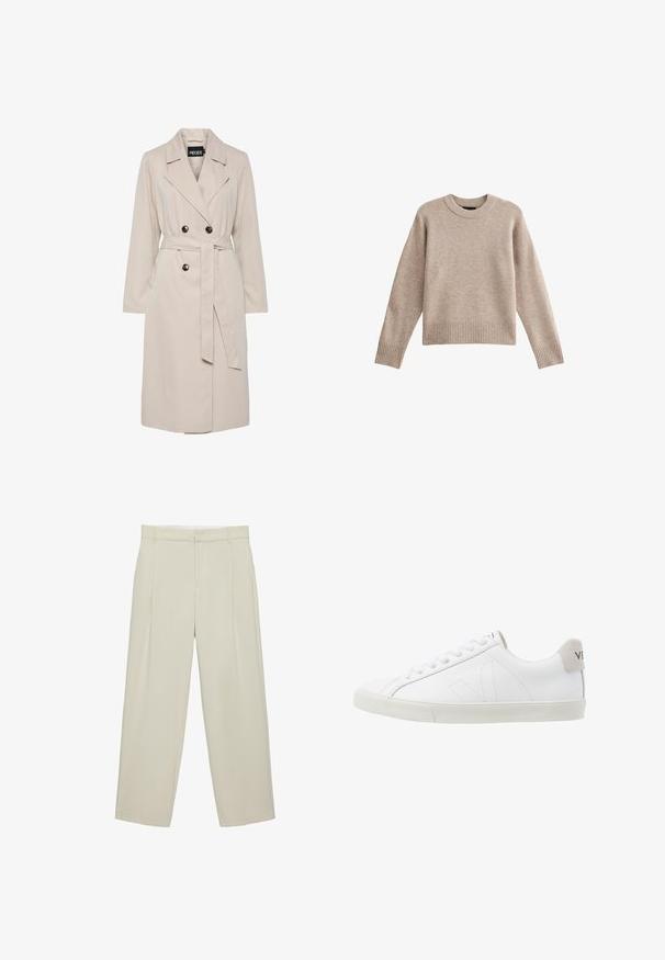 Lichtbeige dubbelgeknoopte trenchcoat met brede revers, zwarte knopen, een bijpassende stoffen ceintuur en lange mouwen.; Beige gebreide trui met een ronde hals, ribgebreide mouwen en boord. De stof heeft een zachte textuur met een subtiel patroon. Ontspannen pasvorm.; Beige hoog getailleerde, op maat gemaakte broek met zijzakken, riemlussen en een voorritssluiting, met rechte pijpen.; Witte leren sneakers met een getextureerde lichtgrijze rubberen zool. Kenmerken zijn onder meer veters, subtiele stiksels en een grijze suède hielaccent.