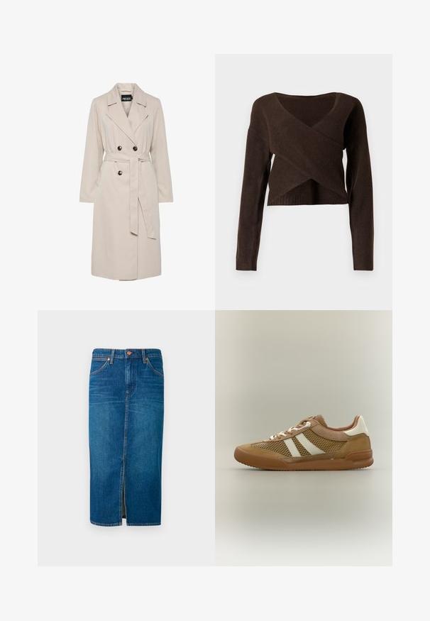 Hellbeiger, doppelreihiger Trenchcoat mit breiten Revers, schwarzen Knöpfen, einem passenden Stoffgürtel und langen Ärmeln.; Brauner, kurzer Pullover aus weichem Material, mit tiefem V-Ausschnitt, langen Ärmeln und einem überlappenden Design an der Vorderseite.; Denim-Midi-Rock in Dunkelblau mit einem Schlitz vorne, fünf Taschen, oranger Naht und einem gesicherten Bund mit zwei Metallknöpfen.; Brauner und beiger Sneaker mit niedrigem Schaft, Mesh-Seitenteilen, weißen Seitenstreifen, weißen Schnürsenkeln und Gummisohle vor neutralem Hintergrund.