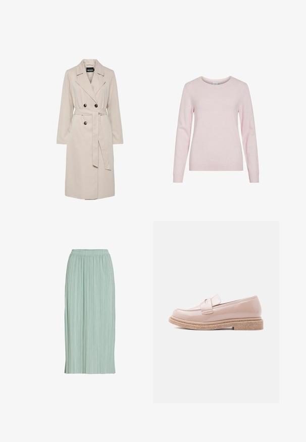 Lysebeige dobbeltbrystet trenchcoat med brede revers, sorte knapper, bælte i samme stof og lange ærmer.; Lyserød langærmet strikket sweater med rund halsudskæring og ribstrikkede manchetter og kant, vist på hvid baggrund.; Lysegrøn plisseret midinederdel med elastisk talje, lige pasform og let stof.; Blank lyserød loafer med en struktureret brun sål og en matchende rem over overdelen, vist i profil på en lys baggrund.
