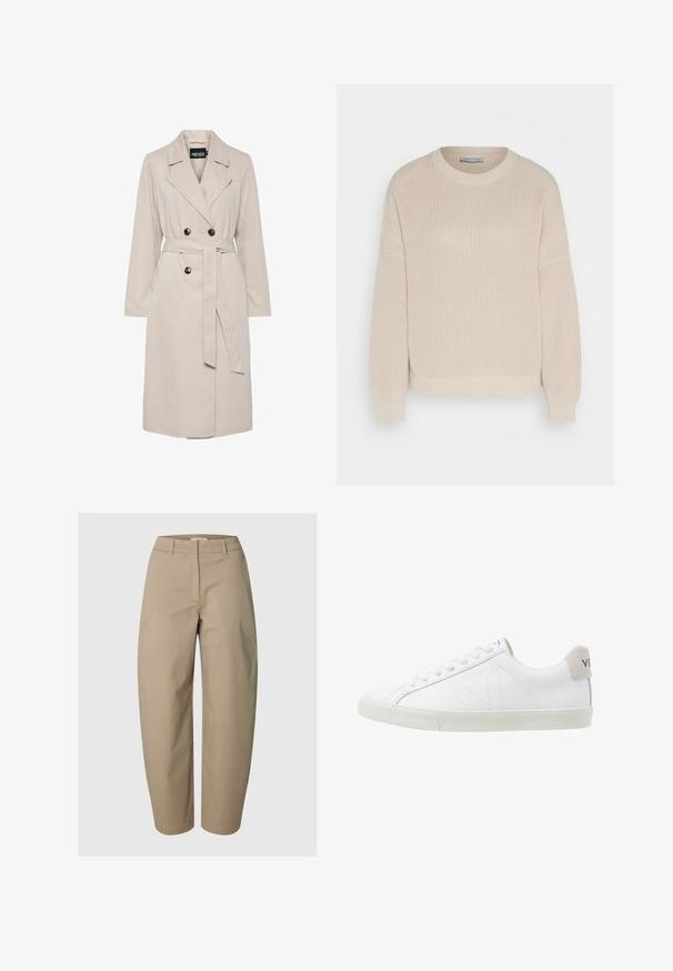 Trench-coat beige clair à double boutonnage avec larges revers, boutons noirs, ceinture en tissu assortie et manches longues.; Anna Field by Zalando Pullover - grey; Pantalon beige taille haute à jambes droites avec passants de ceinture, fermeture éclair frontale et absence de poches visibles, présenté sur un fond uni.; Baskets en cuir blanc avec une semelle en caoutchouc texturée et blanc cassé. Les caractéristiques incluent des lacets, des coutures discrètes et un accent en daim gris au niveau du talon.
