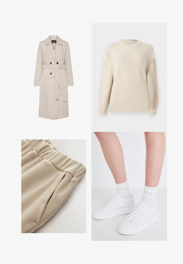 Lysebeige dobbeltbrystet trenchcoat med brede revers, sorte knapper, bælte i samme stof og lange ærmer.; Chunky-strikket cremefarvet sweater med rund halsudskæring, forlængede ærmer og en tekstureret finish. Har diskret ribstrik og en afslappet pasform.; Beige ribbede stof joggers med en strammet talje og sidelommer, der viser en blød tekstur og et afslappet design.; Copenhagen Studios CPH72 - Sneakers - white