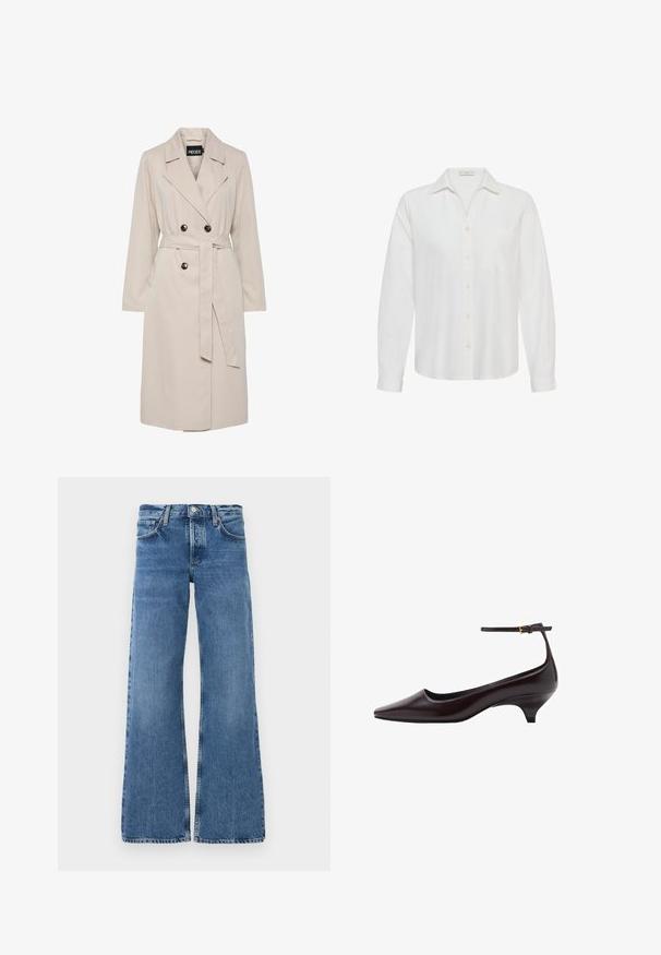 Lichtbeige dubbelgeknoopte trenchcoat met brede revers, zwarte knopen, een bijpassende stoffen ceintuur en lange mouwen.; Witte blouse met lange mouwen, knopen, kraag en een borstzak, afgebeeld tegen een effen achtergrond.; Brede blauwe spijkerbroeken gemaakt van denim met een vervaagde was, voorzakken, een knoopsluiting en gescheurde zomen aan de benen.; Donkerbruine leren kittenheel schoenen met een spitse neus, een dunne enkelband en een kleine gouden gesp.