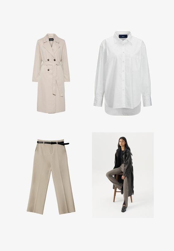 Trench-coat beige clair à double boutonnage avec larges revers, boutons noirs, ceinture en tissu assortie et manches longues.; Chemise blanche à manches longues en coton doux avec un col boutonné, une poche à l'avant et un ourlet arrondi. Présente un empiècement au dos pour plus de structure.; Pantalons larges beiges dotés d'une texture lisse, de poches avant et d'une ceinture en cuir noire. Conception ajustée avec des plis nets.; Manteau trench en cuir noir avec des boutons et une ceinture, associé à un pantalon ajusté marron clair et des mocassins noirs, assis sur un tabouret en bois.
