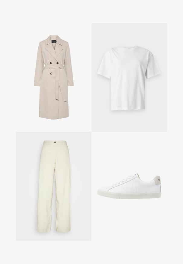 Trench coat bege claro de duplo peito com lapelas largas, botões pretos, cinto de tecido combinando e mangas compridas.; T-shirt branca simples de manga curta com gola redonda, exibida estendida sobre um fundo cinza claro.; Weekday ELIO - Calças - beige dusty light; Sapatilhas de couro branco com uma sola de borracha texturizada em off-white. Inclui atacadores, costura discreta e um detalhe em camurça cinza no calcanhar.