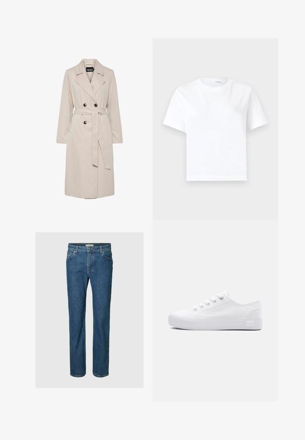Hellbeiger, doppelreihiger Trenchcoat mit breiten Revers, schwarzen Knöpfen, einem passenden Stoffgürtel und langen Ärmeln.; Einfaches weißes kurzärmeliges Baumwoll-T-Shirt mit rundem Ausschnitt und geradem Saum, dargestellt auf weißem Hintergrund.; Blaue Straight-Leg-Denim-Jeans mit Frontknopf und Reißverschluss, Gürtelschlaufen sowie vorne und hinten Taschen.; Weißer, flacher Canvas-Sneaker mit weißen Schnürsenkeln, Gummisohle und Lee-Markenlogo auf der Ferse seitlich.