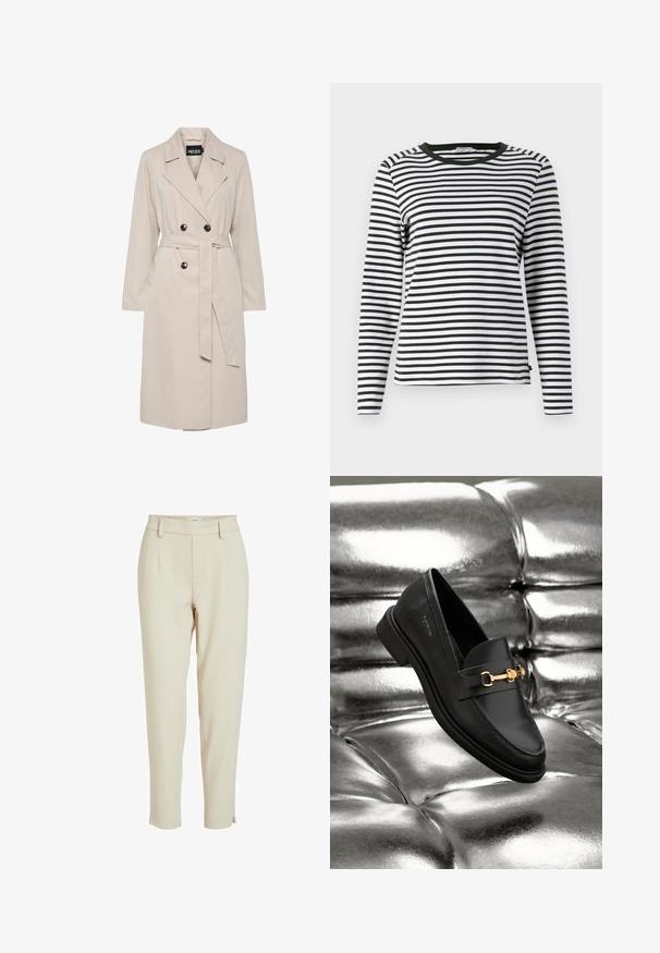 Lysebeige dobbeltbrystet trenchcoat med brede revers, sorte knapper, bælte i samme stof og lange ærmer.; Langærmet skjorte i sort og hvid stribet design med en rund, grøn halsudskæring. Blødt stof med normal pasform og lige søm.; Beige skræddersyede bukser med elastisk talje, sidelommer og en nederdel med en tætsiddende kant. Glat, letvægtsstof.; Sorte læder loafers med en guldfarvet hardware detalje. Skoen har et elegant design og en glat, skinnende overflade.