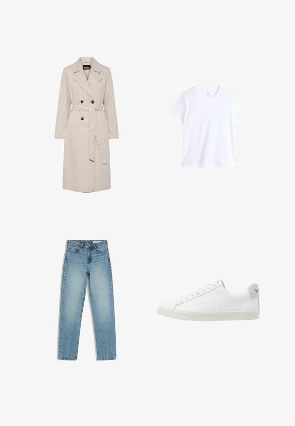 Hellbeiger, doppelreihiger Trenchcoat mit breiten Revers, schwarzen Knöpfen, einem passenden Stoffgürtel und langen Ärmeln.; Weißes Baumwoll-T-Shirt mit kurzen Ärmeln, rundem Ausschnitt und geradem Saum. Mit kleinem rotem Logostreifen an der unteren linken Seite.; Hellblaue Jeans mit geradem Bein, vorderen Taschen, Gürtelschlaufen, Knopfverschluss und dezentem Used-Effekt an den Oberschenkeln.; Weiße Ledersneaker mit einer strukturierten, cremefarbenen Gummisohle. Zu den Merkmalen gehören Schnürsenkel, dezente Nähte und ein grauer Wildleder-Hackeneinsatz.