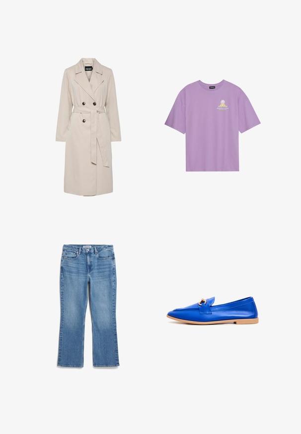 Hellbeiger, doppelreihiger Trenchcoat mit breiten Revers, schwarzen Knöpfen, einem passenden Stoffgürtel und langen Ärmeln.; Lavendel Baumwoll-T-Shirt mit kurzen Ärmeln, ausgestattet mit einem kleinen gelben Palmen- und Wellenmotiv, das auf der linken Brustseite aufgedruckt ist.; Blaue Denim Schlagjeans mit einem ausgeblichenen Waschlook, fünf Taschen und einem Knopfverschluss. Sie haben ein gerades Bein und robuste Nähdetails.; Blaue Lederflats mit einem rutschfesten Design, ausgestattet mit einem kleinen goldfarbigen Schnallenakzent, einer spitzen Zehenform und einer beigen Gummisohle.