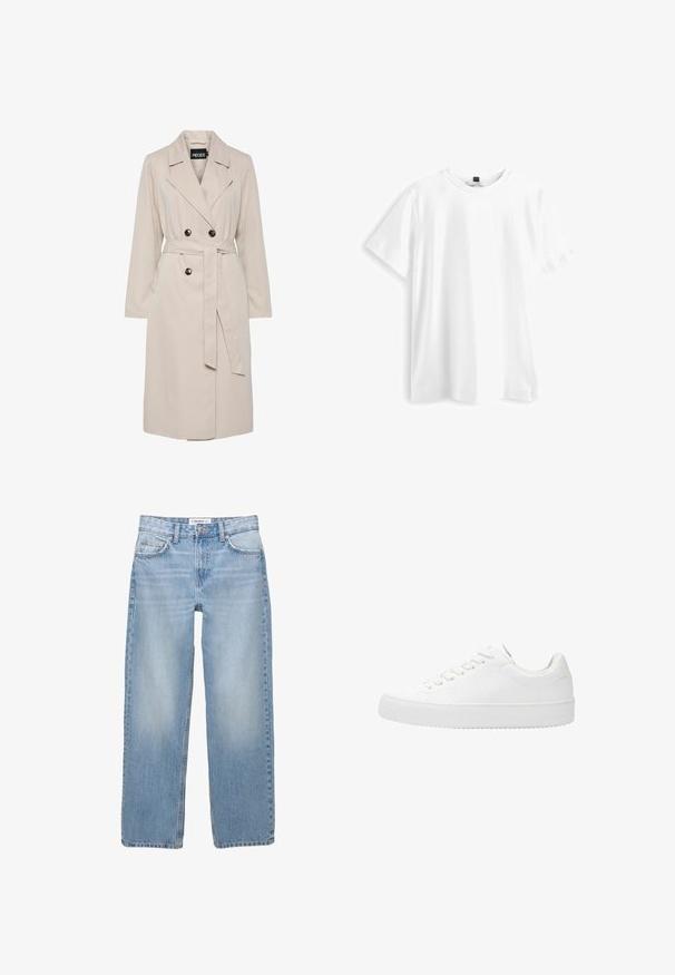 Lichtbeige dubbelgeknoopte trenchcoat met brede revers, zwarte knopen, een bijpassende stoffen ceintuur en lange mouwen.; Witte katoenen t-shirt met korte mouwen, ronde hals en een iets losse pasvorm. Eenvoudig ontwerp, zonder patronen of extra accenten.; Lichtblauwe denim jeans met een recht model, vijf zakken en zichtbare stiksels. De stof heeft een zachte, iets vervaagde textuur.; Witte veterschoenen met een bovenwerk van glad leer, een ronde neus en een platte rubberen zool. Minimalistisch ontwerp met een eentonig kleurenschema.