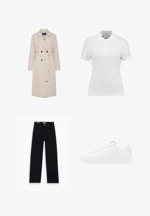 Lichtbeige dubbelgeknoopte trenchcoat met brede revers, zwarte knopen, een bijpassende stoffen ceintuur en lange mouwen.; Witte polo met een gestructureerde katoenen stof, voorzien van een klassieke kraag, een knoopsluiting met drie knopen en een klein Lacoste-logo op de borst.; Zwarte denim jeans met een recht model, vijf zakken, koperen hardware en een gladde textuur. Twee labels zichtbaar op de tailleband.; Witte platte sneakers met leren bovenzijde, ronde neus en vetersluiting. Voorzien van zijperforaties en subtiele branding op de hak.