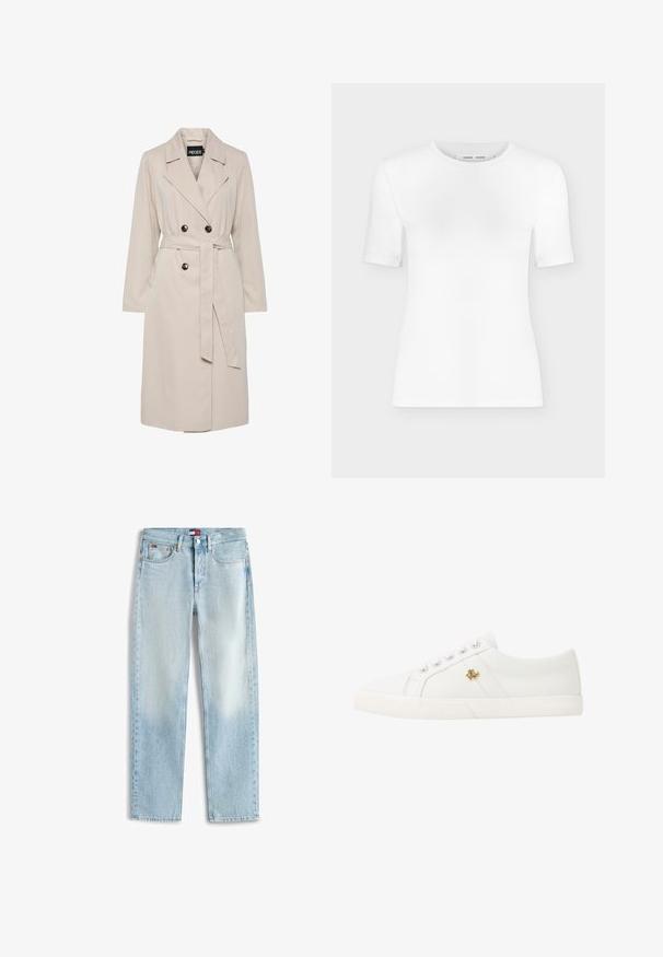 Trench coat bege claro de duplo peito com lapelas largas, botões pretos, cinto de tecido combinando e mangas compridas.; T-shirt branca de manga curta com gola redonda, corte justo e textura de tecido canelado, exibida sobre um fundo cinza claro liso.; Calças de ganga azul-claro de perna reta com cinco bolsos, fecho éclair e um pequeno logótipo Tommy Hilfiger na cintura frontal e no bolso do moeda.; Lauren Ralph Lauren JANSON II CANVAS SNEAKER - Sapatilhas - optic white