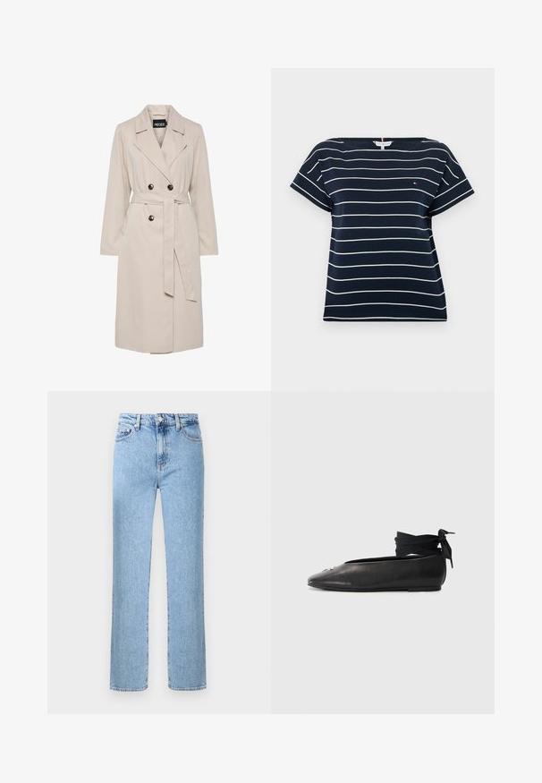 Gabardina de doble botonadura en beige claro con solapas anchas, botones negros, cinturón a juego de tela y mangas largas.; Camisa azul marino de manga corta con rayas horizontales blancas y un pequeño logo de Tommy Hilfiger en el pecho.; Vaqueros de mezclilla azul claro con pierna recta, cierre de botones, trabillas para cinturón y bolsillos delanteros y traseros. Acabado ligeramente desgastado.; Bailarina de cuero negro con puntera afilada, que cuenta con un lazo de tela trenzada en el tobillo y un pequeño acento decorativo en la puntera.