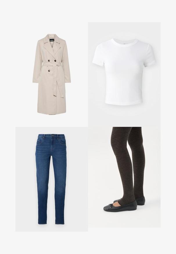 Trench-coat beige clair à double boutonnage avec larges revers, boutons noirs, ceinture en tissu assortie et manches longues.; T-shirt courte à manches courtes, blanche, avec un col rond, présentée sur un fond neutre et lumineux.; Jeans en denim bleu foncé avec une coupe slim, dotés de cinq poches, passants de ceinture et d'une fermeture éclair avec un bouton. Texture lisse.; Jambes portant des leggings côtelés foncés associés à des ballerines noires avec de petits détails en nœud sur fond blanc.