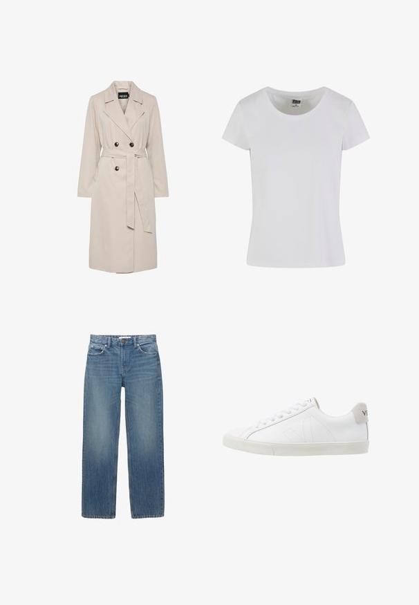 Lichtbeige dubbelgeknoopte trenchcoat met brede revers, zwarte knopen, een bijpassende stoffen ceintuur en lange mouwen.; Witte, korte mouwen t-shirt gemaakt van katoen. Heeft een ronde hals en een slim-fit vorm. Etiket zegt "URBAN CLASSICS."; Lichtblauwe denim jeans met een rechte snit, vijf zakken en koperen hardware. De stof heeft een lichte vervaging en een gladde textuur.; Witte leren sneakers met een getextureerde lichtgrijze rubberen zool. Kenmerken zijn onder meer veters, subtiele stiksels en een grijze suède hielaccent.