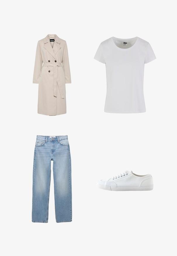 Lysebeige dobbeltbrystet trenchcoat med brede revers, sorte knapper, bælte i samme stof og lange ærmer.; Hvid, kortærmet t-shirt lavet af bomuld. Har en rund halsudskæring og en tætsiddende form. Lappen læser "URBAN CLASSICS."; Lyseblå denimbukser med lige ben, fem-pockets stil og synlige syninger. Stofmaterialet har en blød, let falmet tekstur.; Hvid lavtop lærredsneaker med hvide snørebånd og gummisål, vist fra siden på en hvid baggrund.
