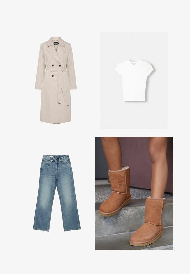 Hellbeiger, doppelreihiger Trenchcoat mit breiten Revers, schwarzen Knöpfen, einem passenden Stoffgürtel und langen Ärmeln.; Weißes kurzärmliges T-Shirt aus weicher Baumwolle, mit Rundhalsausschnitt und figurbetonter Form. Keine sichtbaren Muster oder Verzierungen.; Blaue Jeans mit hoher Taille und geradem Bein, fünf Taschen, Knopfverschluss und dezenter ausgebleichter Waschung an den Vorderseiten der Oberschenkel.; Braune Wildleder-Stiefeletten mit runder Spitze, weicher Innenausstattung und Gummisohle, die über sichtbare Nähte entlang der Nähte verfügen.