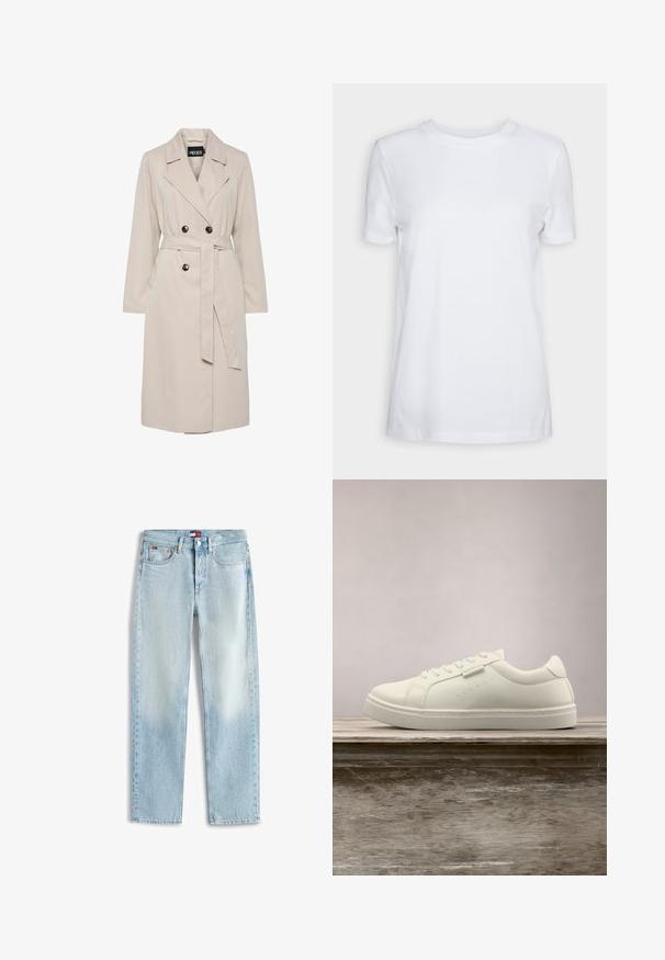 Hellbeiger, doppelreihiger Trenchcoat mit breiten Revers, schwarzen Knöpfen, einem passenden Stoffgürtel und langen Ärmeln.; Schlichtes weißes T-Shirt mit kurzen Ärmeln und Rundhalsausschnitt, normaler Passform und einem kleinen Innenhalsetikett mit der Aufschrift „SELECTED FEMME.“; Hellblaue, gerade geschnittene Jeans mit fünf Taschen, Reißverschluss und einem kleinen Tommy Hilfiger Logo auf dem vorderen Bund und der Münztasche.; Weißer Leder-Sneaker mit Schnürsenkeln schwebt über einer hölzernen Bank, im Hintergrund ist das grüne hohe Gras unscharf zu sehen.