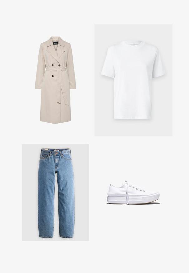 Lysebeige dobbeltbrystet trenchcoat med brede revers, sorte knapper, bælte i samme stof og lange ærmer.; Hvid bomulds T-shirt med rund hals, kortærmet og en glat tekstur. Designet med en afslappet pasform for komfort og alsidighed.; Lysblå denim jeans med lige ben-design, fem lommer, lynlås og en subtil falmet tekstur. Klassisk stil med minimal hardware.; Hvid lavt snørestøvle med tyk plateau-sål, snørelukning foran og gummiforstærket tåkap, set i sideprofil.