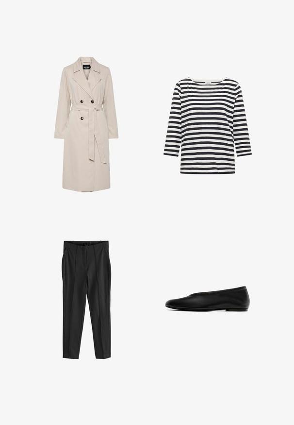 Hellbeiger, doppelreihiger Trenchcoat mit breiten Revers, schwarzen Knöpfen, einem passenden Stoffgürtel und langen Ärmeln.; Schwarz-weiß horizontal gestreiftes Langarmshirt mit rundem Halsausschnitt und einem Etikett mit der Aufschrift "Cecil" am Kragen.; Schwarze Hose mit glatter Textur, ausgestattet mit vorderen Reißverschlusstaschen und ausgeprägten Falten. Minimalistisches Design mit taillierter Passform.; Schwarzer flacher Schuh mit glattem Leder außen, abgerundeter Zehenpartie, niedrigem Profil, minimaler Verzierung und flexiblem Sohlenmaterial.