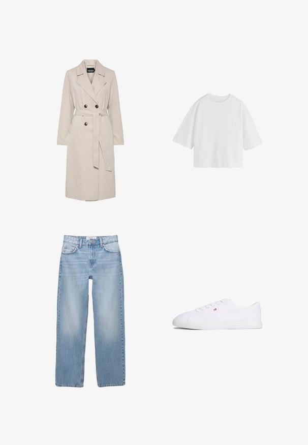 Hellbeiger, doppelreihiger Trenchcoat mit breiten Revers, schwarzen Knöpfen, einem passenden Stoffgürtel und langen Ärmeln.; Schlichtes weißes oversized T-Shirt mit kurzen Ärmeln, rundem Ausschnitt und lockerem Schnitt.; Helle blaue Jeans aus Denim mit geradem Bein, Fünf-Taschen-Stil und sichtbaren Nähdetails. Der Stoff hat eine weiche, leicht ausgewaschene Textur.; Weißer Sneaker mit niedrigem Schaft, Schnürverschluss und kleinem rot-weiß-blauem Logo an der Seite, flache Gummisohle.