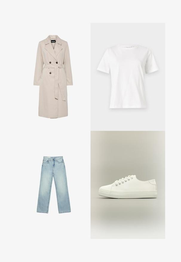 Hellbeiger, doppelreihiger Trenchcoat mit breiten Revers, schwarzen Knöpfen, einem passenden Stoffgürtel und langen Ärmeln.; Weißes Baumwoll-T-Shirt mit kurzen Ärmeln, Rundhalsausschnitt und lockerer Passform. Glatte Textur, keine Muster oder Akzente, minimalistisches Design.; Hellblaue High-Waist-Jeans mit weitem Bein, leichter Used-Optik an den Vordertaschen und Oberschenkeln, Knopfverschluss und Fünf-Taschen-Design.; Weißer Low-Top-Sneaker mit weißen Schnürsenkeln und Gummisohle, seitlich auf neutralem Hintergrund dargestellt.