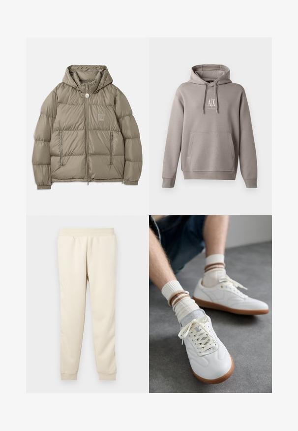 Gepolsterte Jacke in einem gedämpften Olivgrün, mit Kapuze, Reißverschlusstaschen, elastischen Bündchen und einem Logopatch auf der Brust. Glatte Textur.; Grau Hoodie mit einer zentralen Kängurutasche, verstellbarem Kordelzug für die Kapuze und einem kleinen weißen Logo auf der Brust. Weicher Stoff.; Helle beige Sweatpants aus weichem Stoff mit taillierter Passform, elastischem Bund und Bündchen an den Knöcheln. Keine sichtbaren Muster oder Akzente.; Weiße Ledersneaker mit glatter Textur, grauen Wildlederelementen, beigen Gummisohlen und flachen Schnürsenkeln. Kombiniert mit cremefarbenen und braun gestreiften Socken.