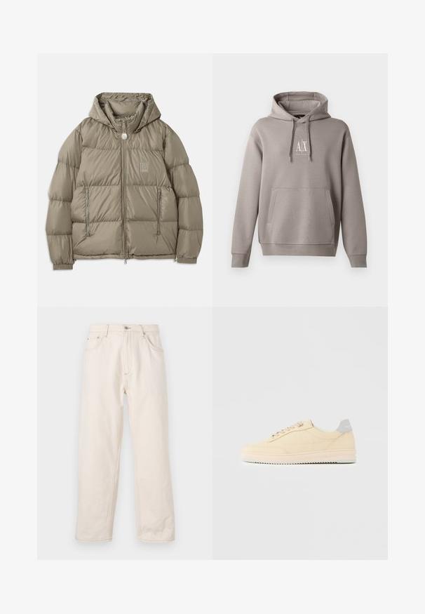 Veste rembourrée d'un vert olive atténué, dotée d'une capuche, de poches zippées, de poignets élastiques et d'un écusson sur la poitrine. Texture lisse.; Hoodie gris avec une poche kangourou centrale, capuche réglable par cordon, et un petit logo blanc sur la poitrine. Texture de tissu douce.; Jean droit beige en denim, avec une fermeture à boutons, cinq poches et des détails de couture visibles. Texture lisse.; Baskets basses beige à lacets, semelle rose clair et languette grise à l'arrière marquée "Filling Pieces", vues de profil sur fond uni.