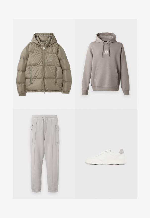 Veste rembourrée d'un vert olive atténué, dotée d'une capuche, de poches zippées, de poignets élastiques et d'un écusson sur la poitrine. Texture lisse.; Hoodie gris avec une poche kangourou centrale, capuche réglable par cordon, et un petit logo blanc sur la poitrine. Texture de tissu douce.; Pantalon de survêtement gris avec taille élastique, poches latérales et détail cousu courant verticalement le long des jambes. Texture en mélange de coton.; Baskets basses blanches avec un onglet de talon gris, des lacets blancs et une semelle texturée, présentées sur un fond uni clair.