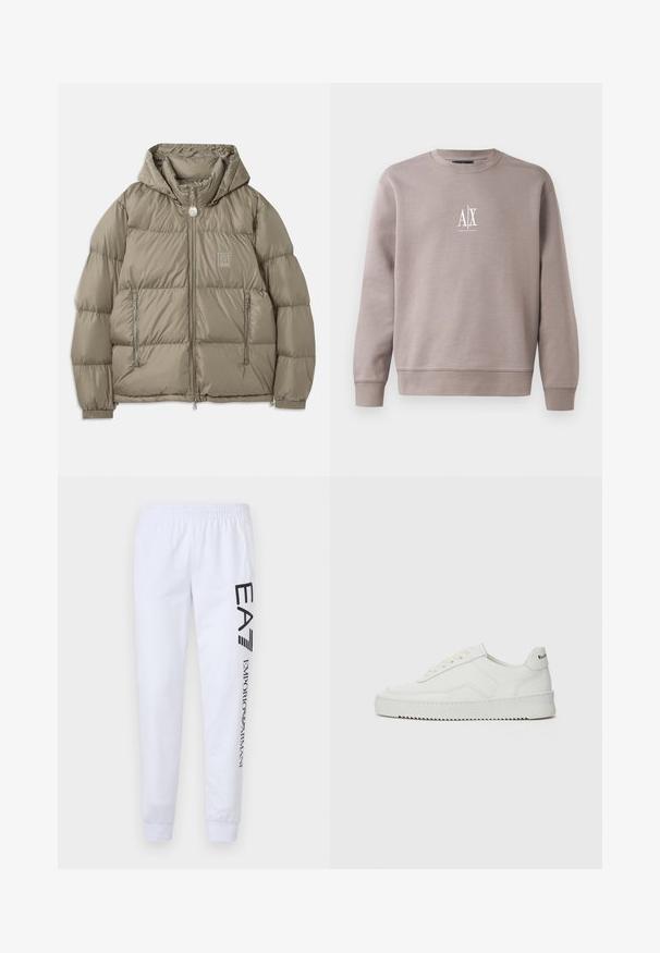Veste rembourrée d'un vert olive atténué, dotée d'une capuche, de poches zippées, de poignets élastiques et d'un écusson sur la poitrine. Texture lisse.; Sweatshirt gris en tissu doux, avec un col rond, des manches longues et un petit logo blanc sur la poitrine.; Pantalon de survêtement blanc en tissu doux, arborant des logos imprimés noirs "EA7" et "Emporio Armani" le long de la jambe gauche, avec une taille élastique et des poignets.; Baskets en cuir blanc avec une finition lisse, bout arrondi, lacets plats et semelle texturée. Présente un logo discret sur le talon.